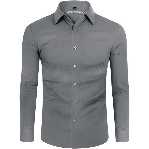 Men Silver Long Sleeve Slim Muscle Fit Wrinkle Free Button Down Dress Shirts - Picture 8 of 9
